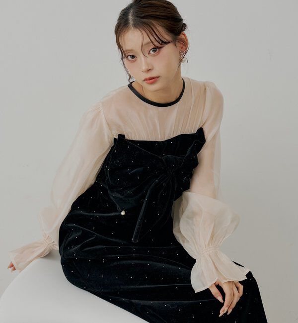  「【SALON by Chico】配色シアーリボンベロアワンピース/オケージョン」|ドレス|