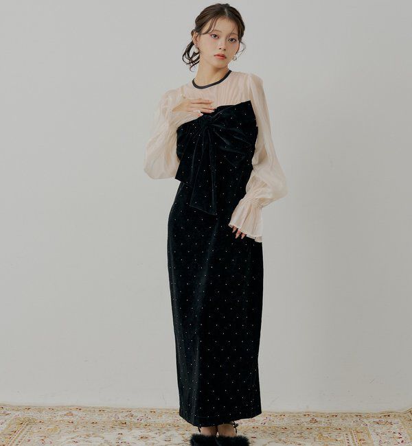  「【SALON by Chico】配色シアーリボンベロアワンピース/オケージョン」|ドレス|