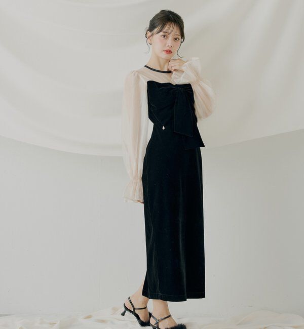  「【SALON by Chico】配色シアーリボンベロアワンピース/オケージョン」|ドレス|