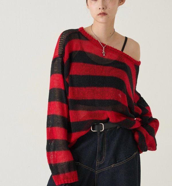  「ワイドボーダーメッシュニット」|ニット・セーター|レッド