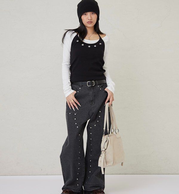  「アイレットホルターレイヤードトップス(無地/ボーダー/ドット)」|Tシャツ・カットソー|