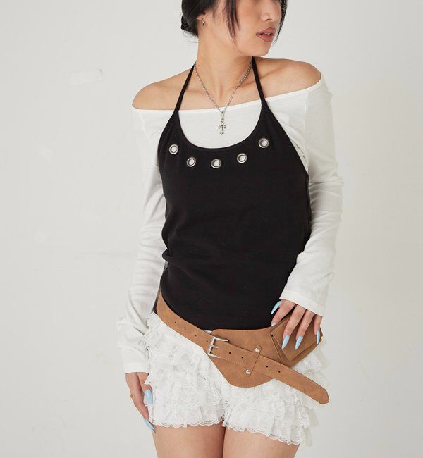  「アイレットホルターレイヤードトップス(無地/ボーダー/ドット)」|Tシャツ・カットソー|
