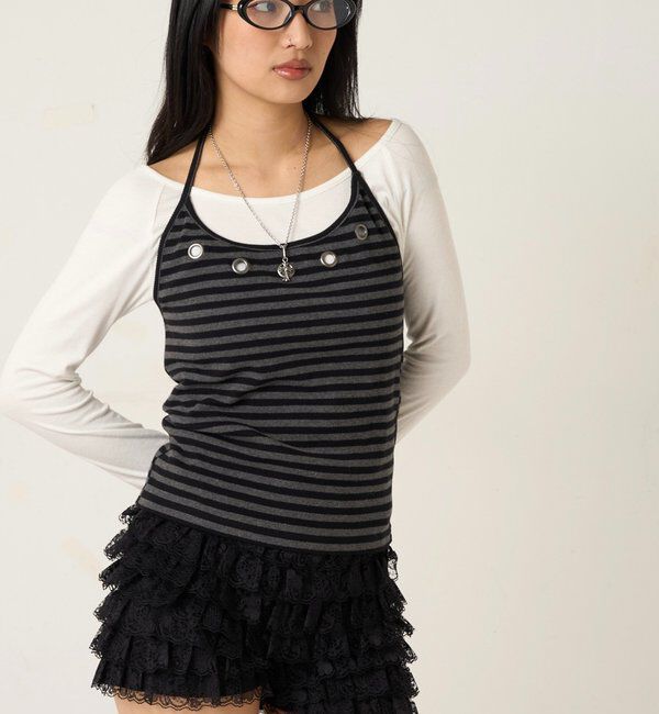  「アイレットホルターレイヤードトップス(無地/ボーダー/ドット)」|Tシャツ・カットソー|