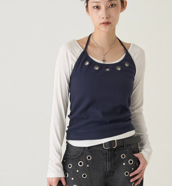  「アイレットホルターレイヤードトップス(無地/ボーダー/ドット)」|Tシャツ・カットソー|