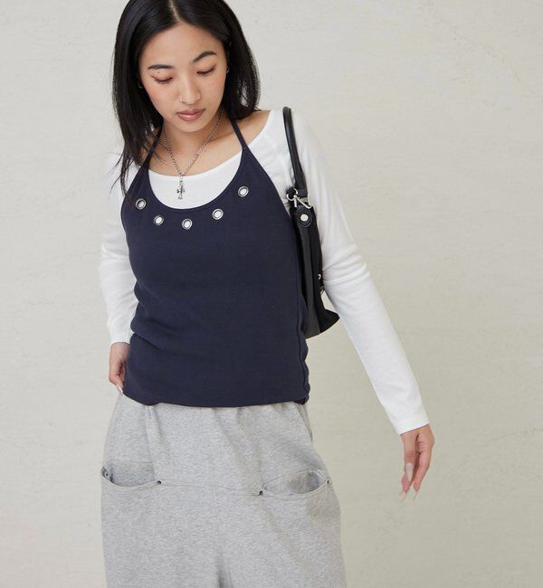  「アイレットホルターレイヤードトップス(無地/ボーダー/ドット)」|Tシャツ・カットソー|