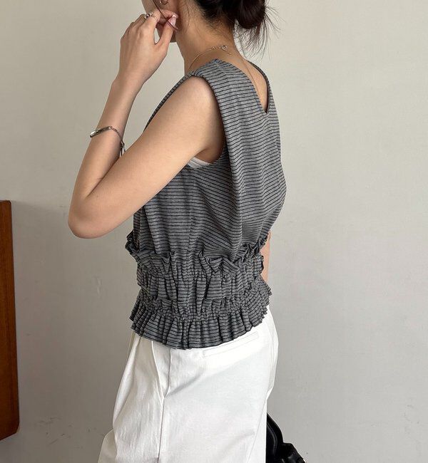  「【肩回りカバー/前後2WAY】ボーダー裾ギャザーT」|Tシャツ・カットソー|