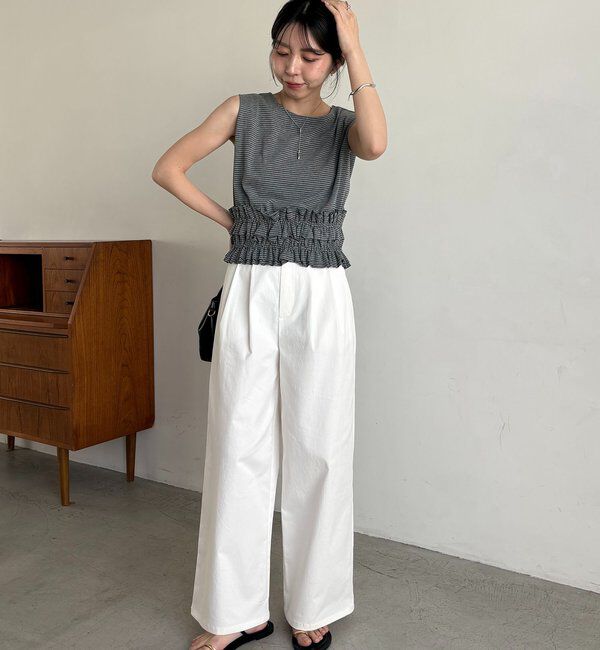  「【肩回りカバー/前後2WAY】ボーダー裾ギャザーT」|Tシャツ・カットソー|