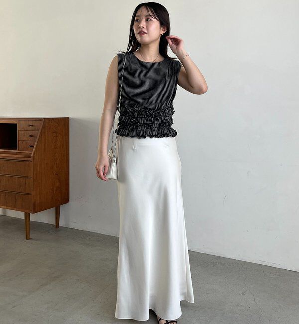  「【肩回りカバー/前後2WAY】ボーダー裾ギャザーT」|Tシャツ・カットソー|