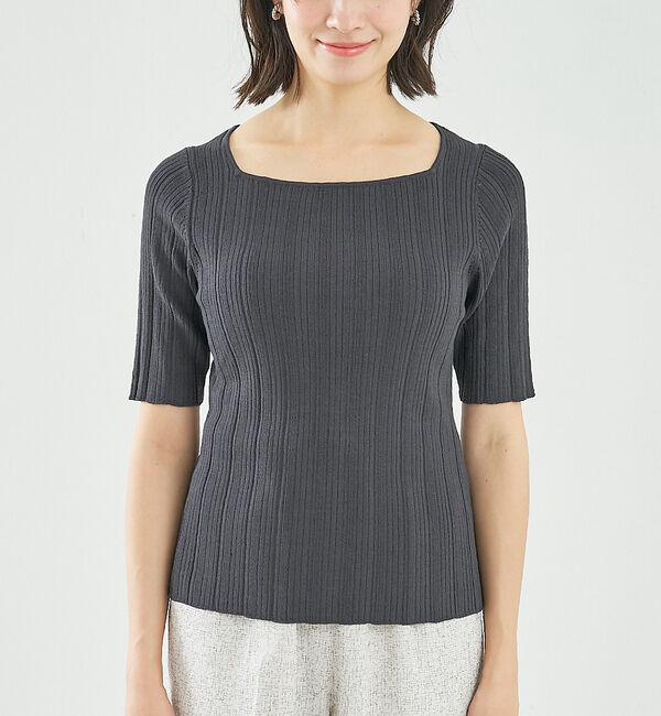 abahouse mavie「【アンサンブル対応】麻タッチリブスクエアネックプルオーバー」|ニット・セーター|チャコールグレー