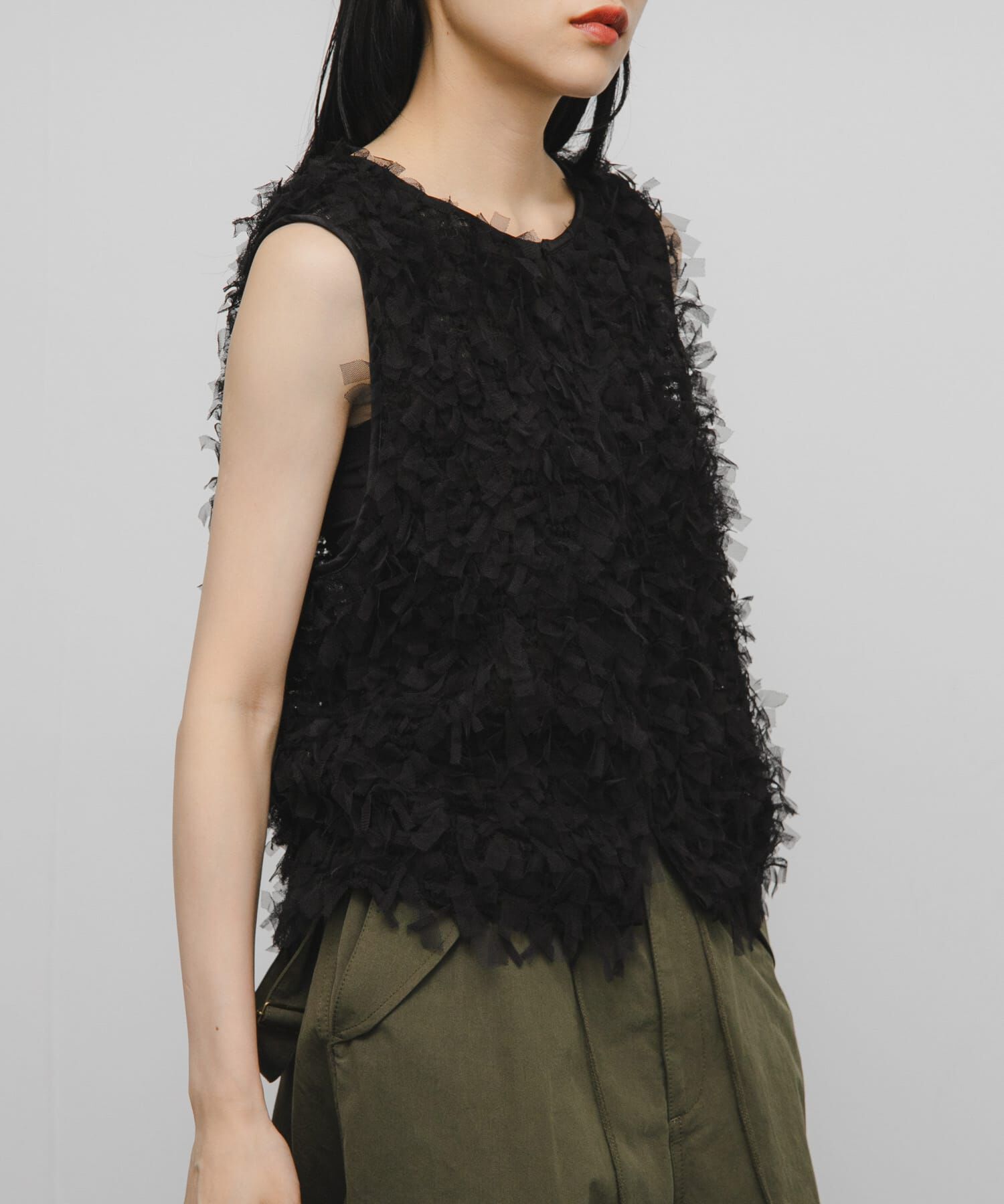  「チュールフリンジトップス」|ベスト・ジレ|ブラック