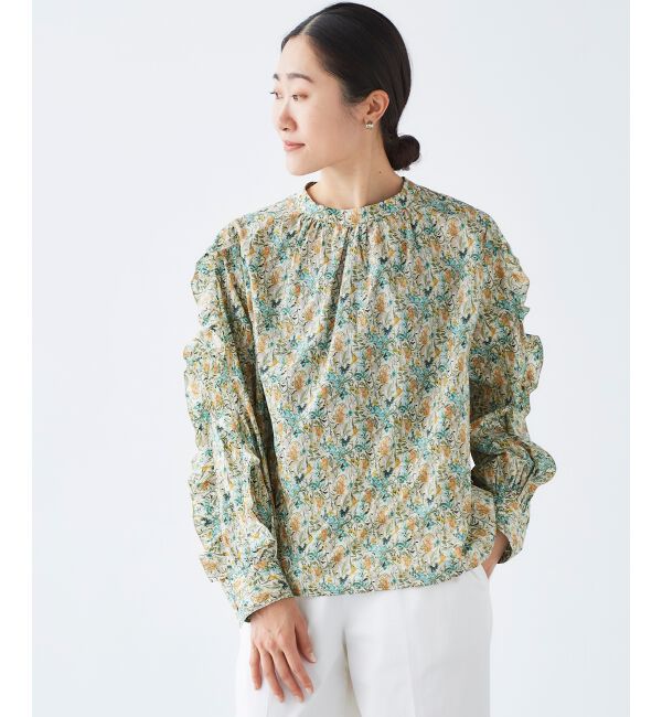 le.coeur blanc「《手洗い可能》Perle Peche フラワー柄スリーブフリルブラウス」|シャツ・ブラウス|
