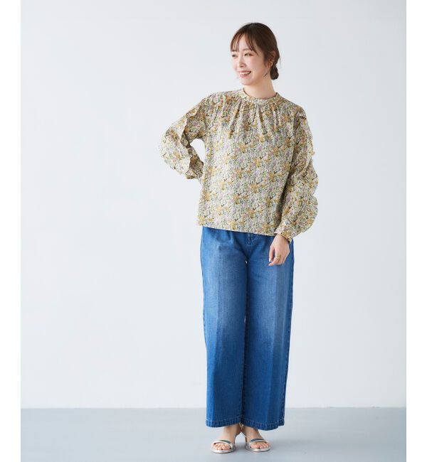 le.coeur blanc「《手洗い可能》Perle Peche フラワー柄スリーブフリルブラウス」|シャツ・ブラウス|