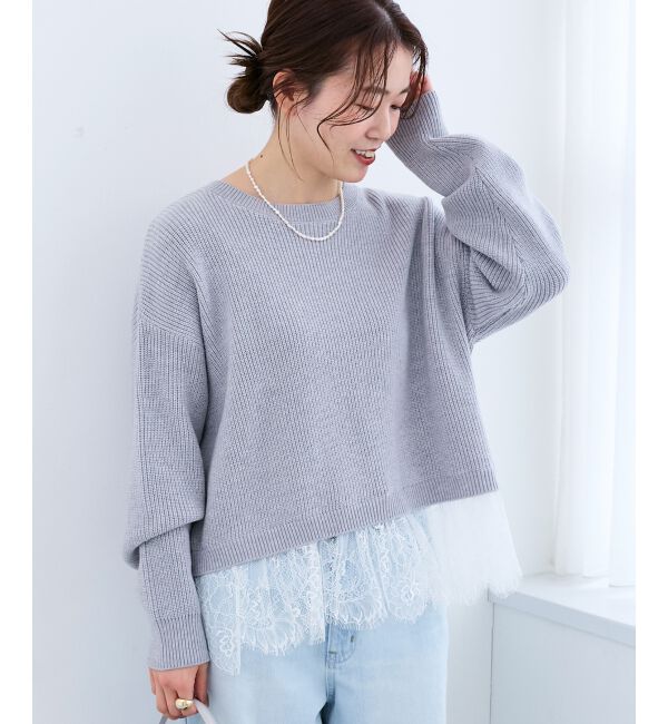  「裾レース畦編みニットプルオーバー」|ニット・セーター|