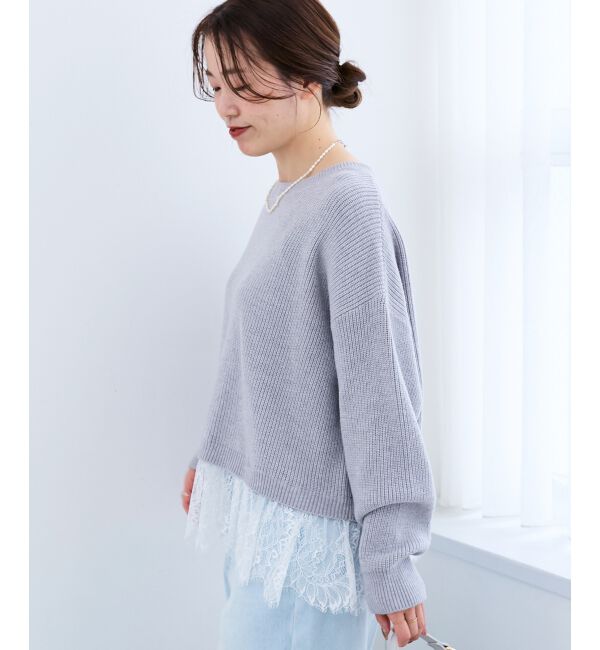  「裾レース畦編みニットプルオーバー」|ニット・セーター|