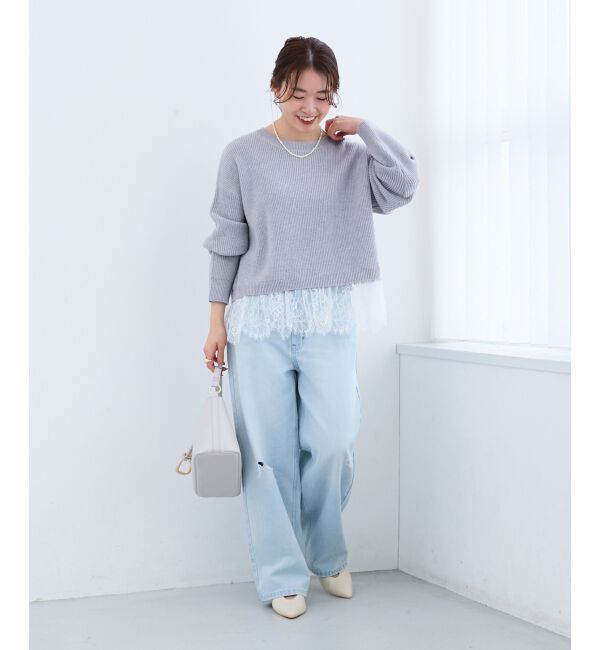  「裾レース畦編みニットプルオーバー」|ニット・セーター|