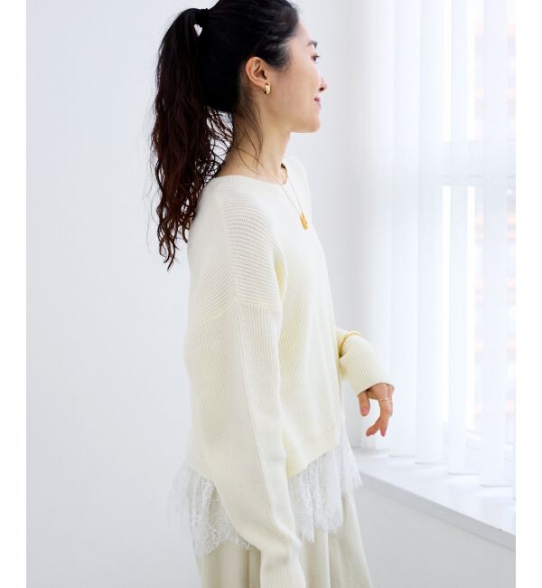 「裾レース畦編みニットプルオーバー」|ニット・セーター|