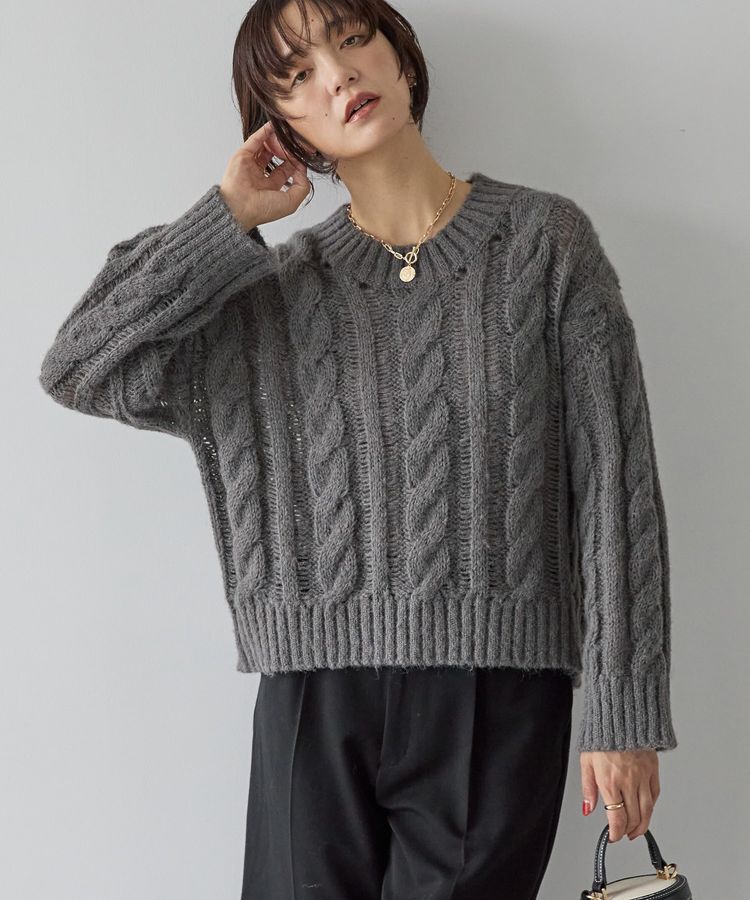 AMERICAN HOLIC「透かしケーブルニットプルオーバー」|ニット・セーター|Charcoal Gray