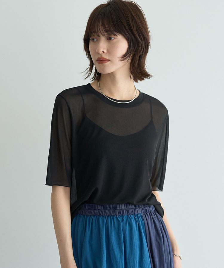 YECCA VECCA「クルーネック5分袖シアートップス」|Tシャツ・カットソー|Black