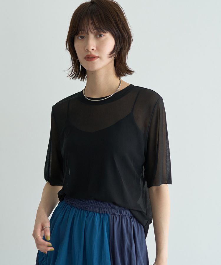 YECCA VECCA「クルーネック5分袖シアートップス」|Tシャツ・カットソー|