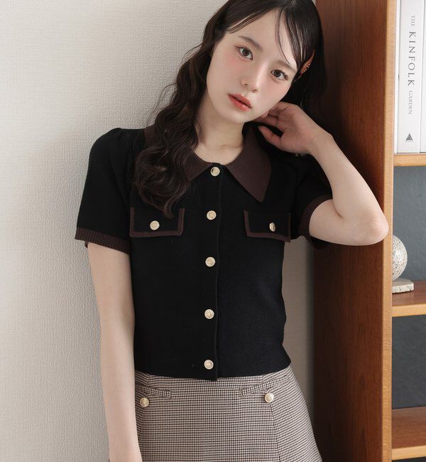  「金ボタン配色衿ニットトップス」|ニット・セーター|ブラック