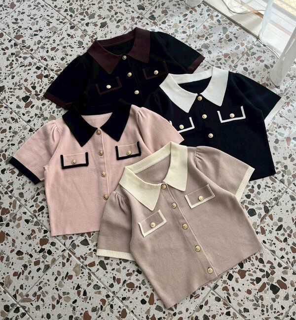  「金ボタン配色衿ニットトップス」|ニット・セーター|