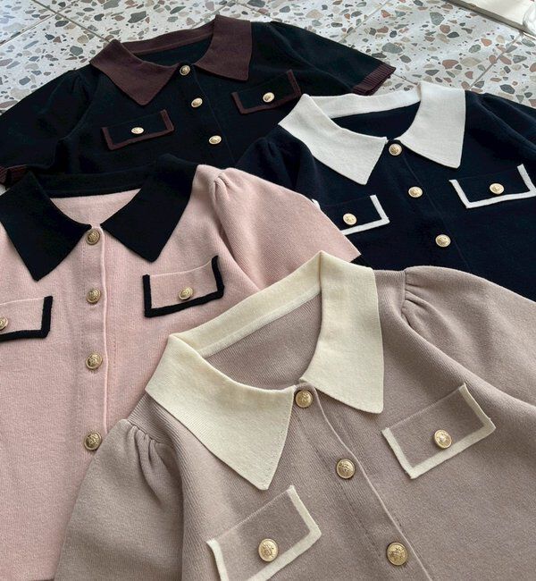  「金ボタン配色衿ニットトップス」|ニット・セーター|