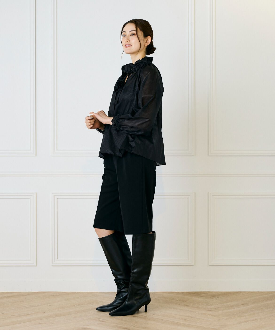 INED「シャドーボーダーフリルボウタイブラウス」|シャツ・ブラウス|