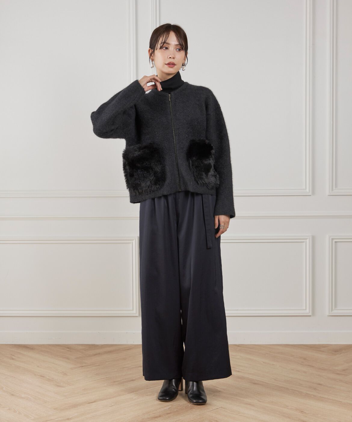 Le Souk「《45th限定企画》フェイクファーポケット ラクーン ニットブルゾン」|カーディガン|