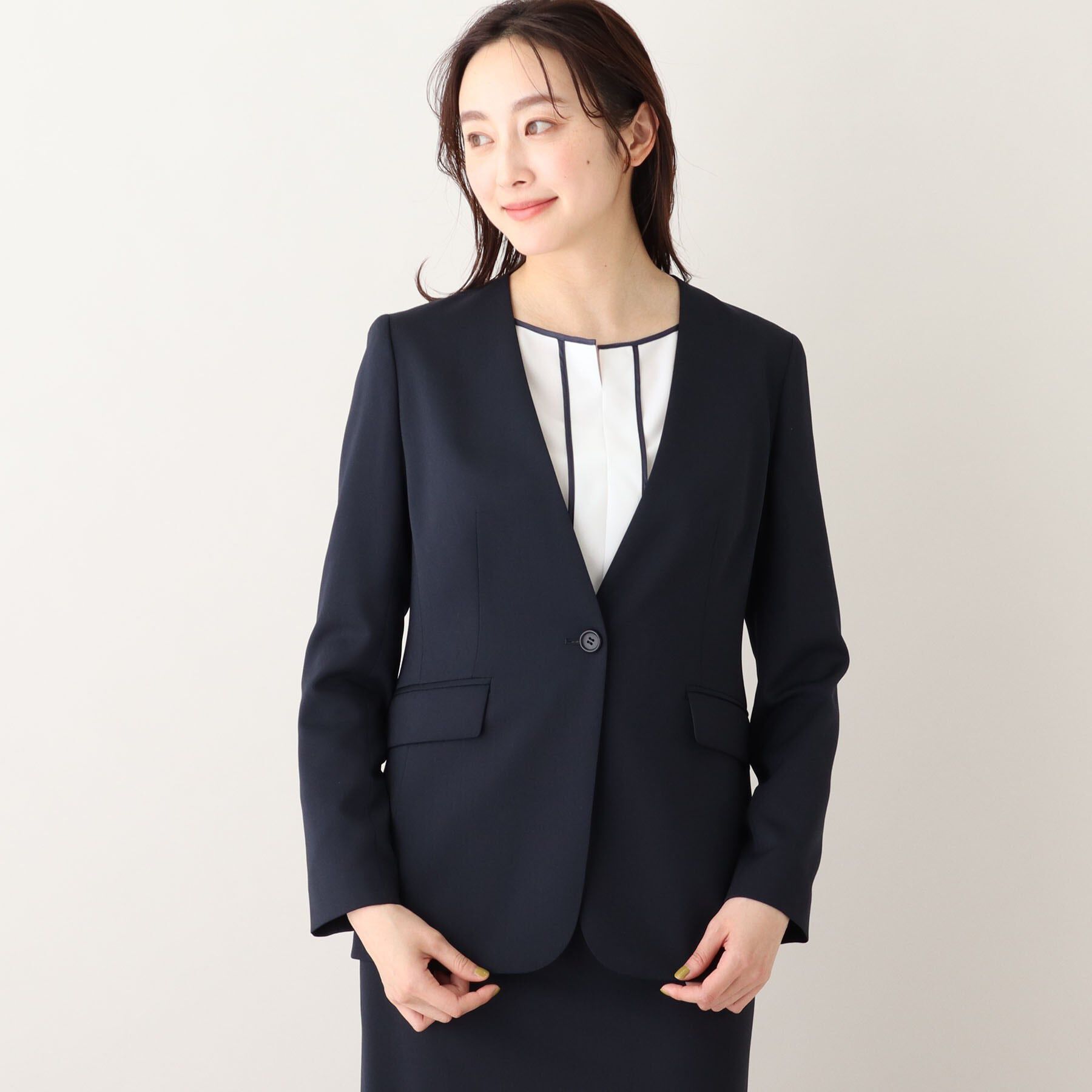 UNTITLED「【軽くて快適！】ウール混 ストレッチノーカラージャケット」|ノーカラージャケット|ダークネイビー(09