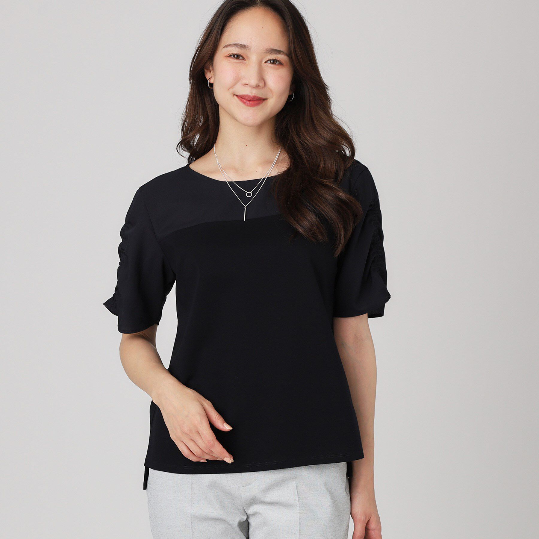 COUP DE CHANCE「【手洗い可／日本製】異素材組合せのジャージトップス」|Tシャツ・カットソー|ネイビー(594)