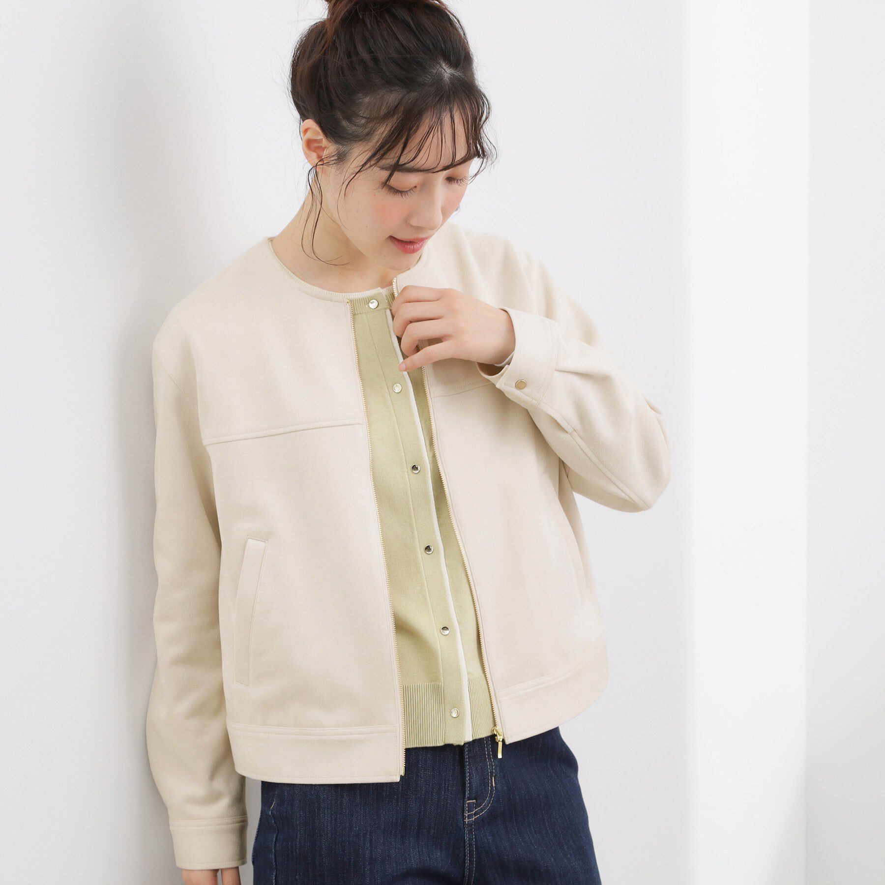 grove「スエードライク ノーカラーブルゾン」|ノーカラージャケット|