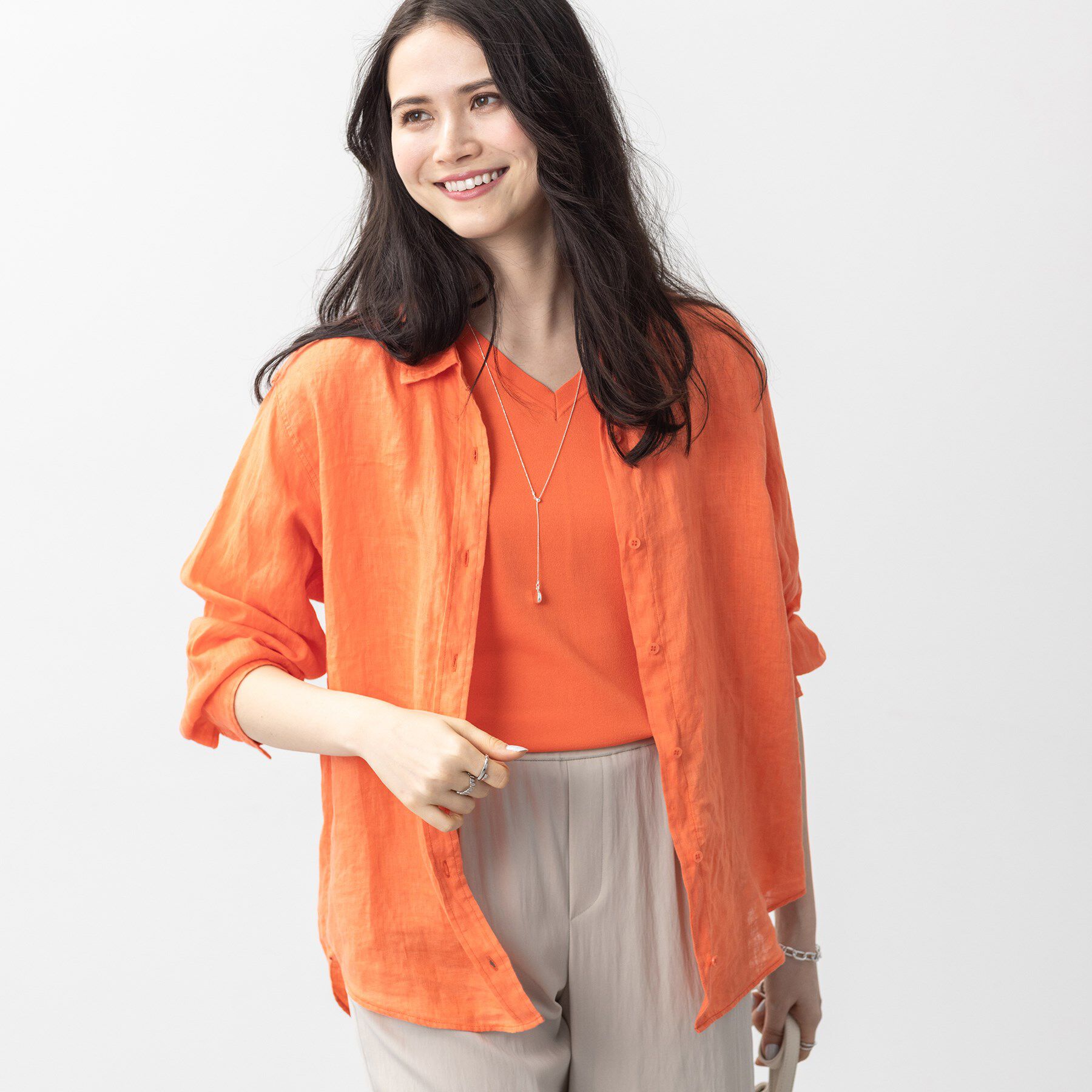 INDIVI「【毎年人気！／フレンチリネン】ベーシックシャツ」|シャツ・ブラウス|オレンジ(067)