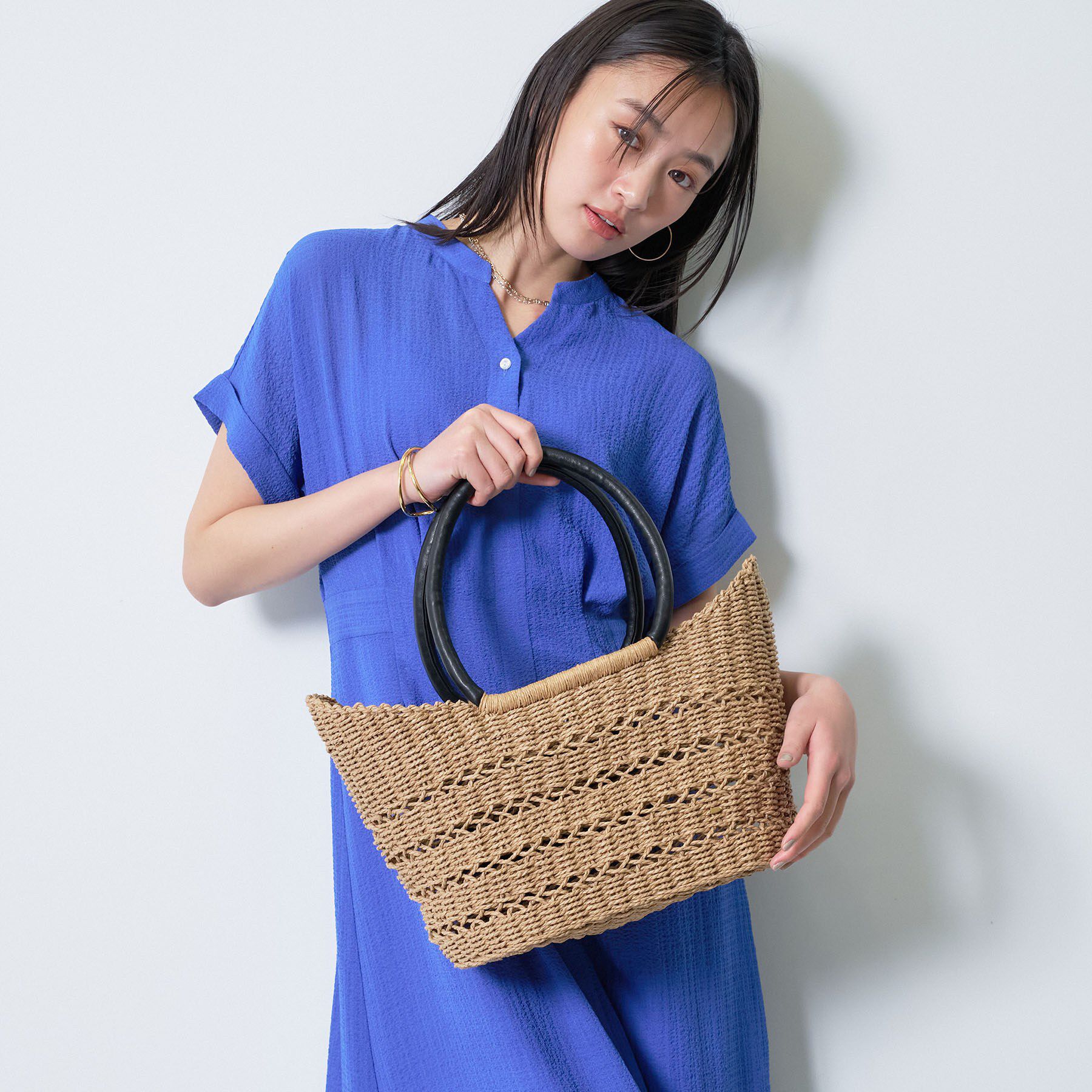 INDIVI「【透かし編み】ペーパーヤーン バスケットバッグ」|トートバッグ|ベージュ(052)