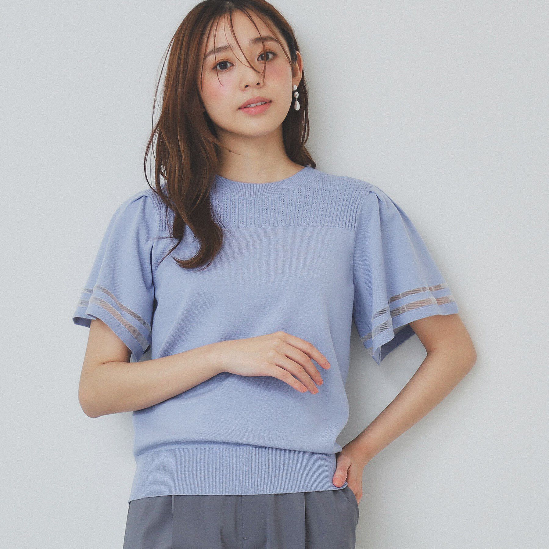 index「フレアスリーブニット/オーガニックコットン混【UV/洗濯機洗い可】」|ニット・セーター|ブルー(091)