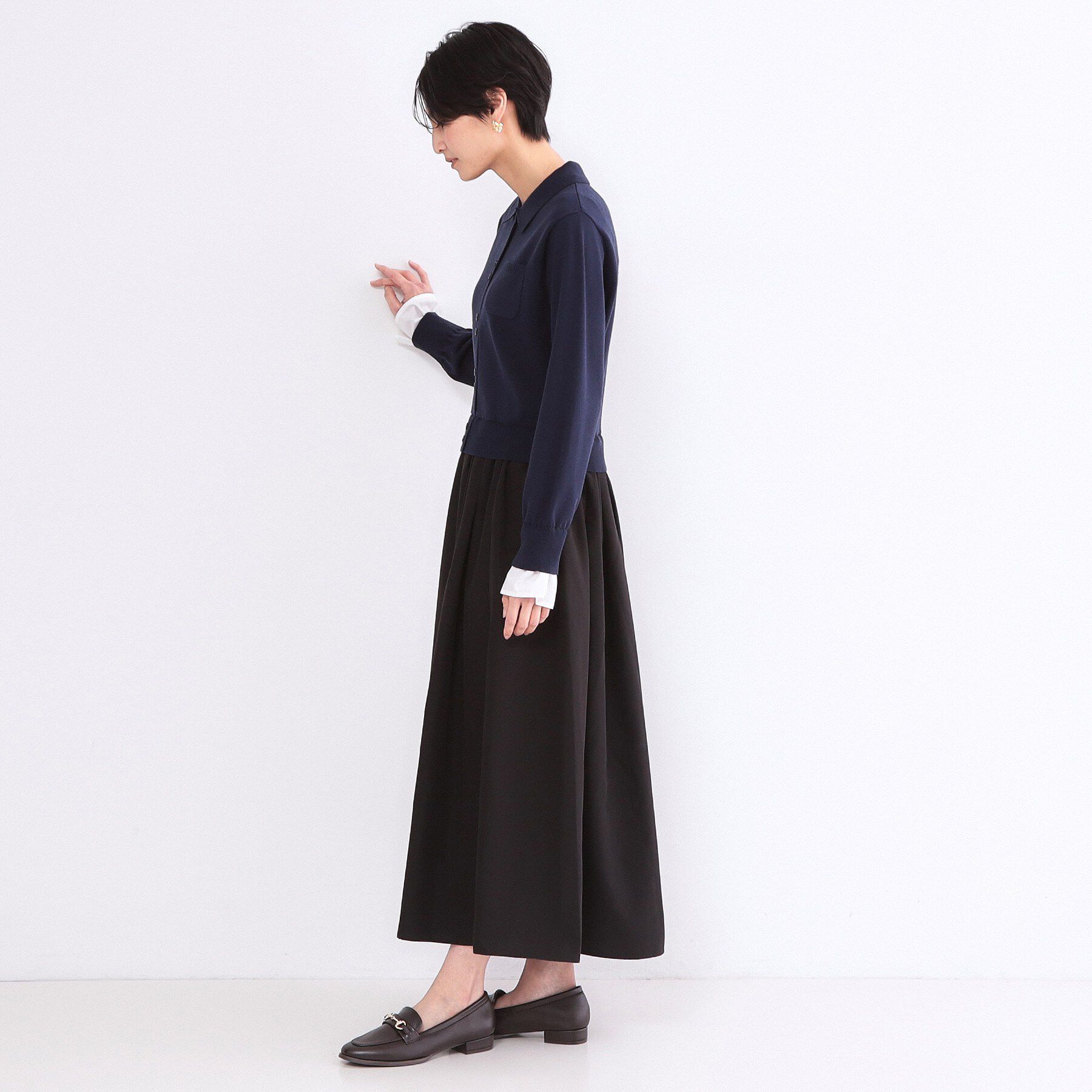 OPAQUE.CLIP「ポロ襟ニットドッキングフレアワンピース【洗濯機OK】」|ワンピース|