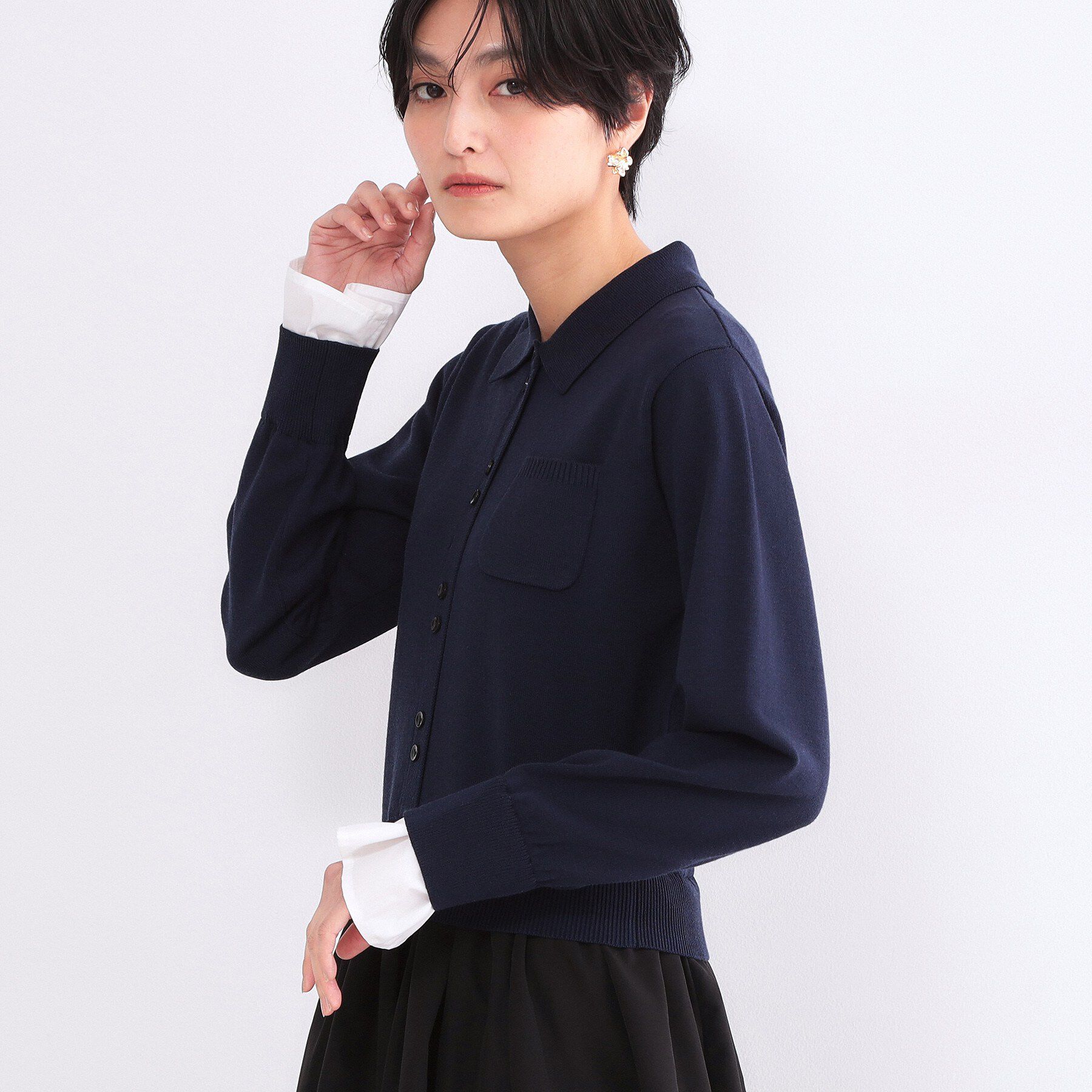 OPAQUE.CLIP「ポロ襟ニットドッキングフレアワンピース【洗濯機OK】」|ワンピース|