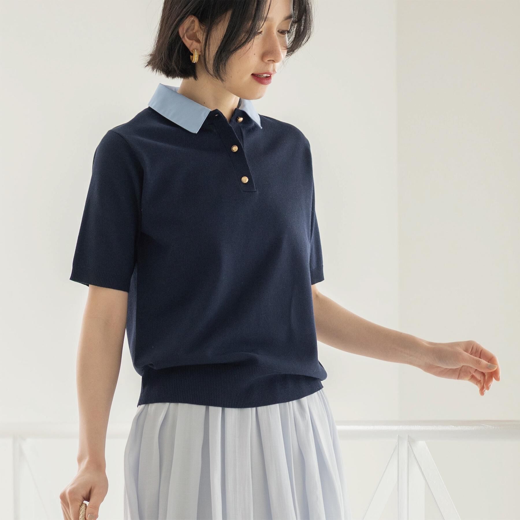 OPAQUE.CLIP「2WAY衿付きニット【洗濯機OK】」|ニット・セーター|ネイビー(094)