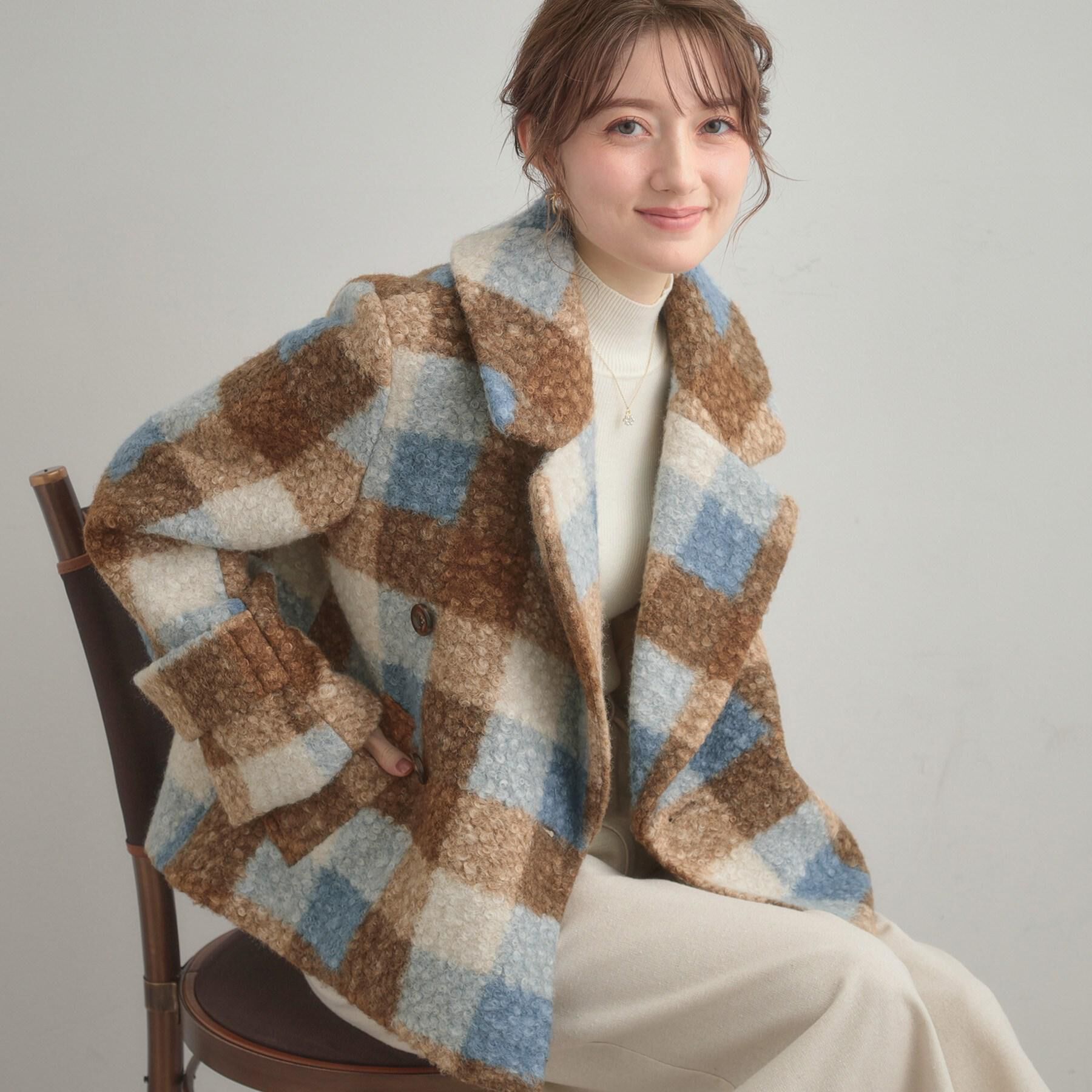 Couture broach「【S-LL/無地・チェック柄】プードルボア ショートコート」|ピーコート|