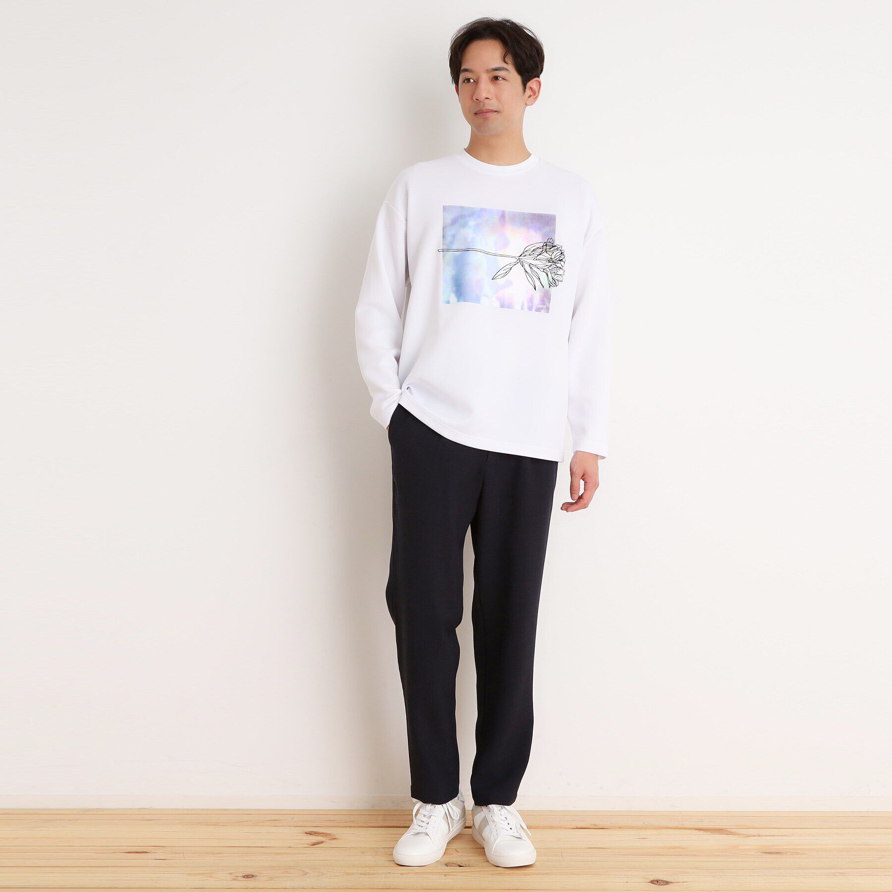 THE SHOP TK「フラワー刺繍＋グラフィックロングTシャツ」|Tシャツ・カットソー|