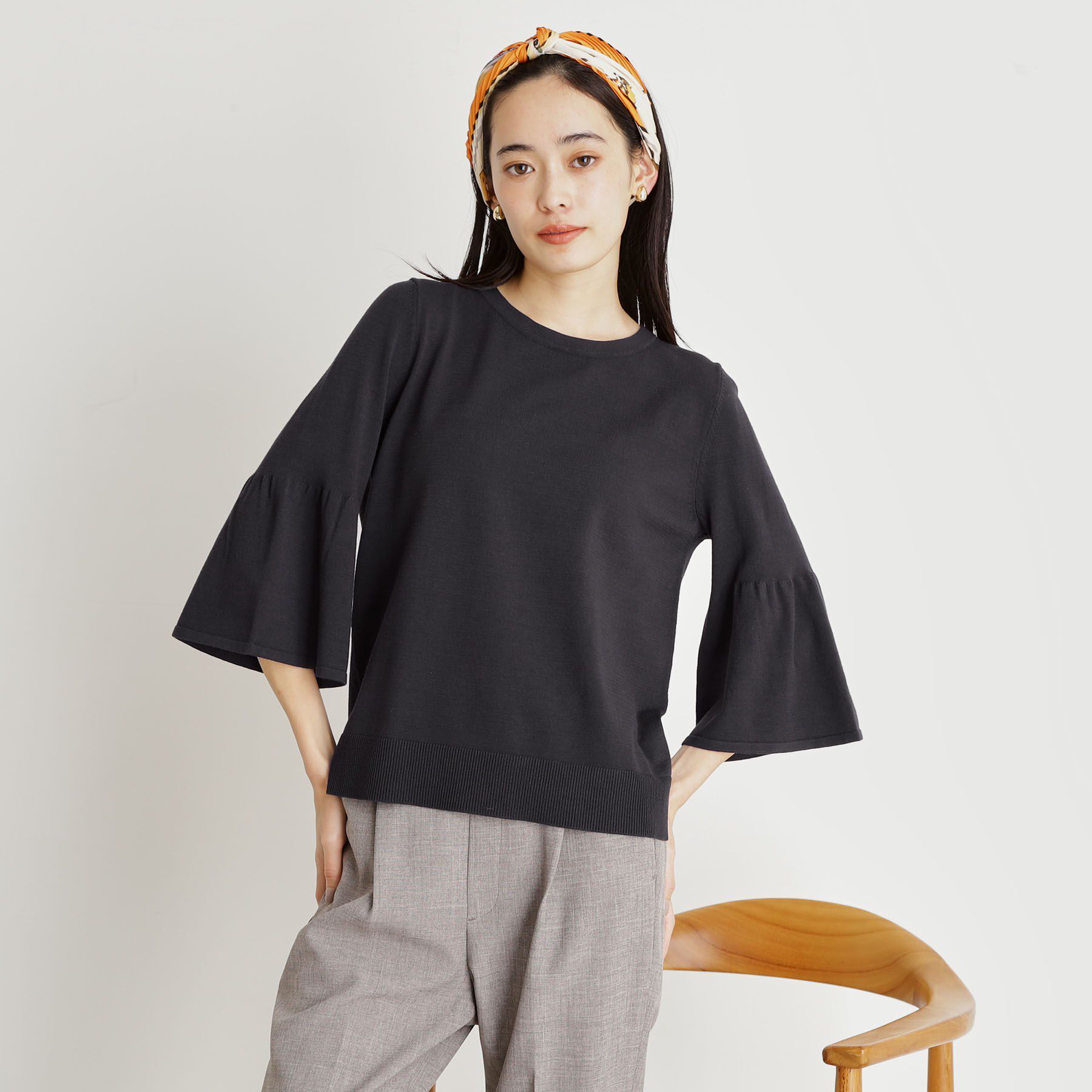 THE SHOP TK「【接触冷感/体型カバー】7分袖フレアニット/洗濯機OK/ＵＶケア」|ニット・セーター|スミクロ(018)