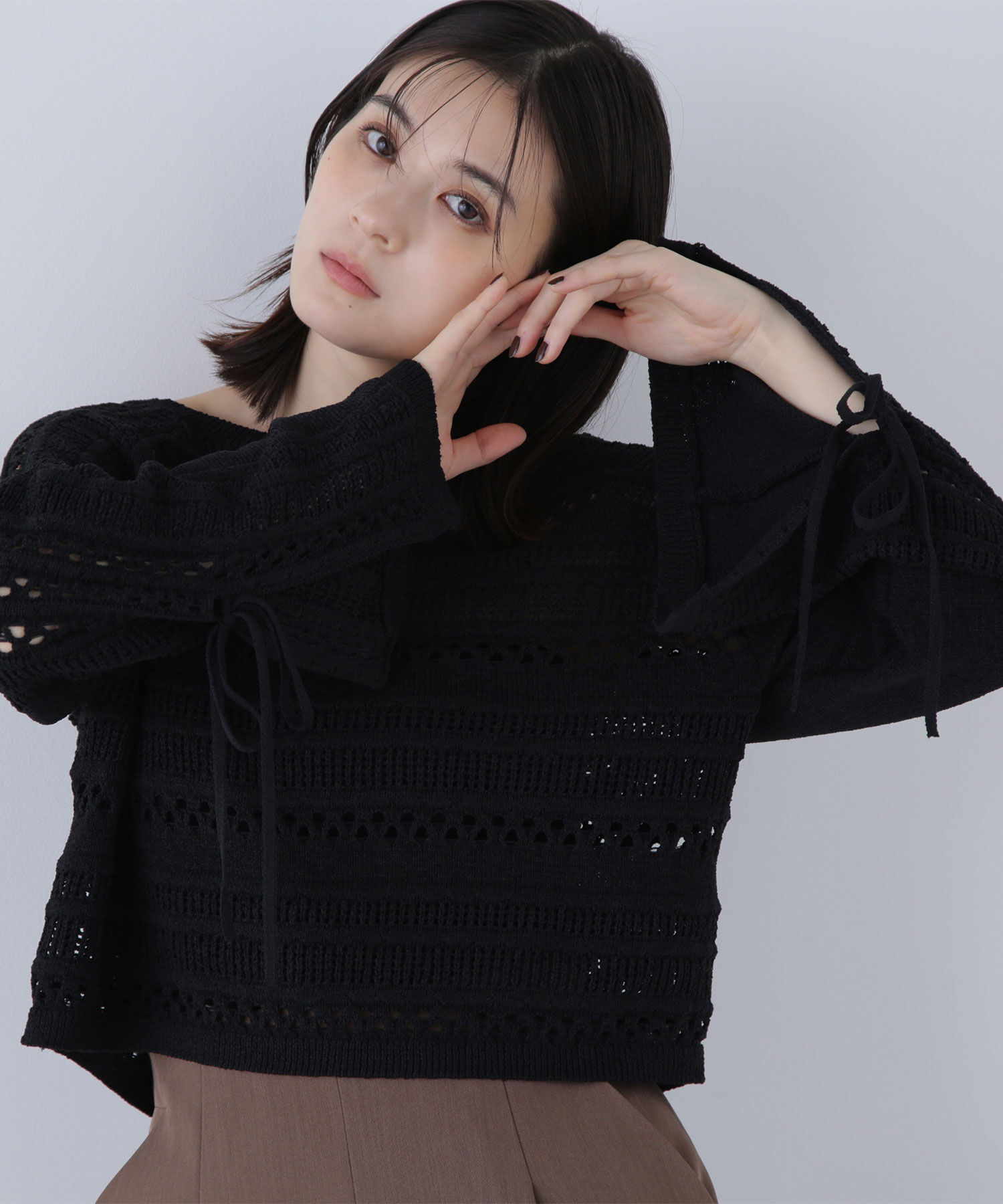  「透かし編みリボンスリーブニット」|ニット・セーター|