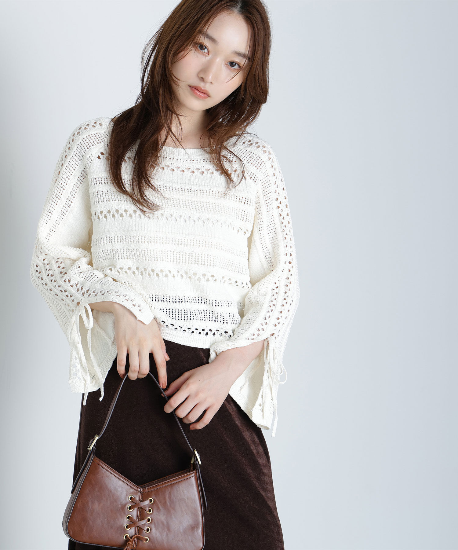  「透かし編みリボンスリーブニット」|ニット・セーター|オフホワイト1