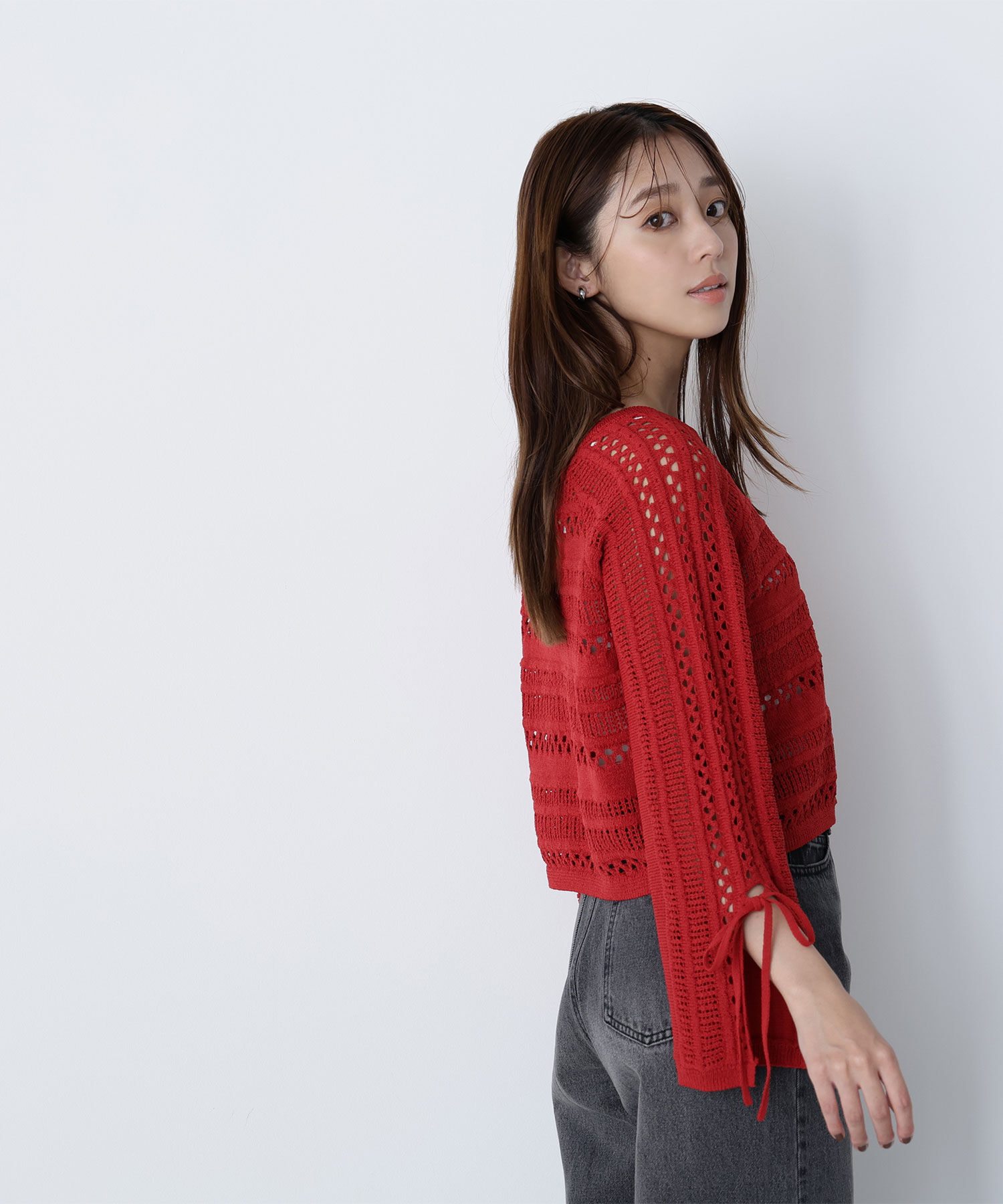  「透かし編みリボンスリーブニット」|ニット・セーター|