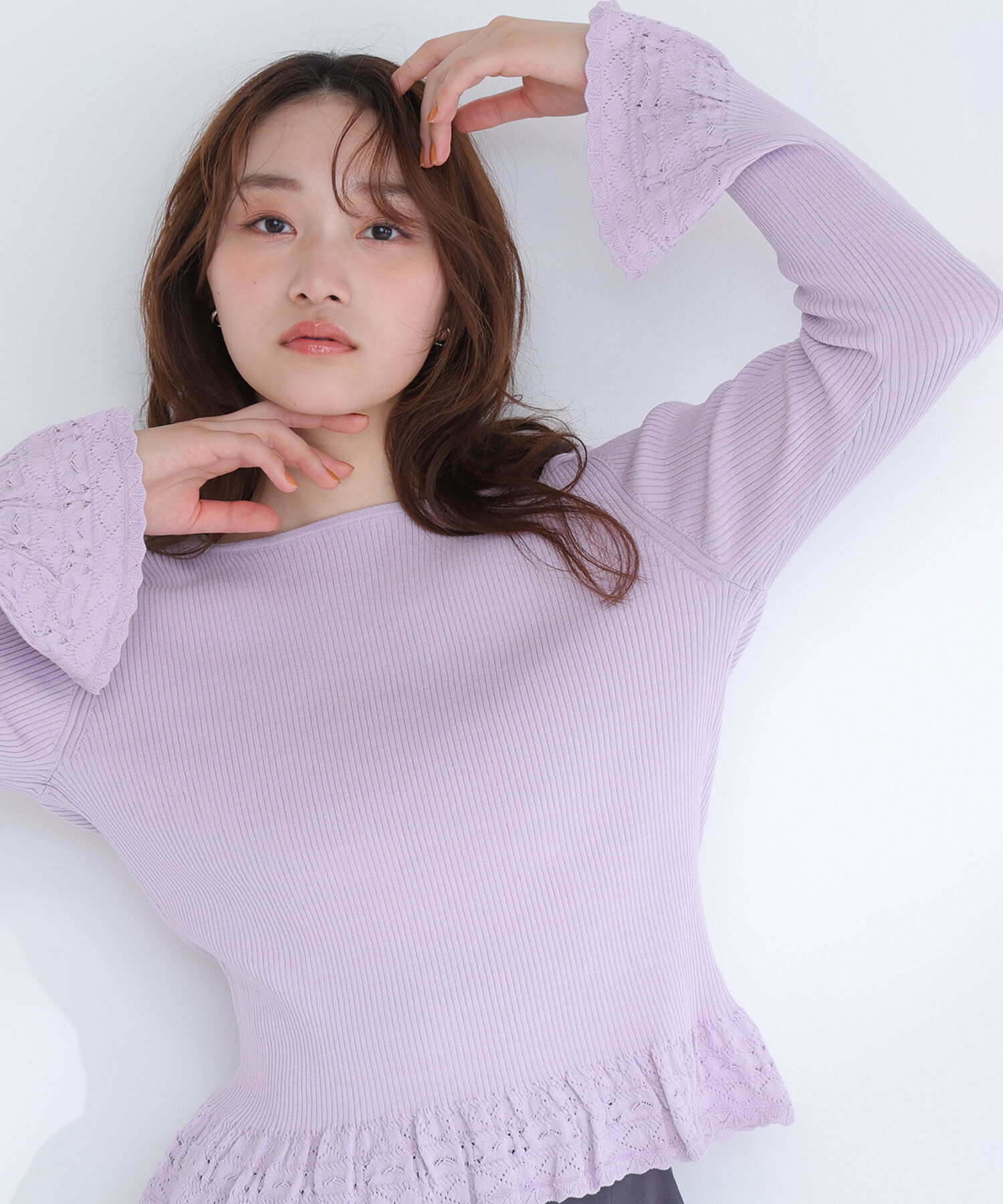  「柄編みフレアスリーブニット」|ニット・セーター|パープル