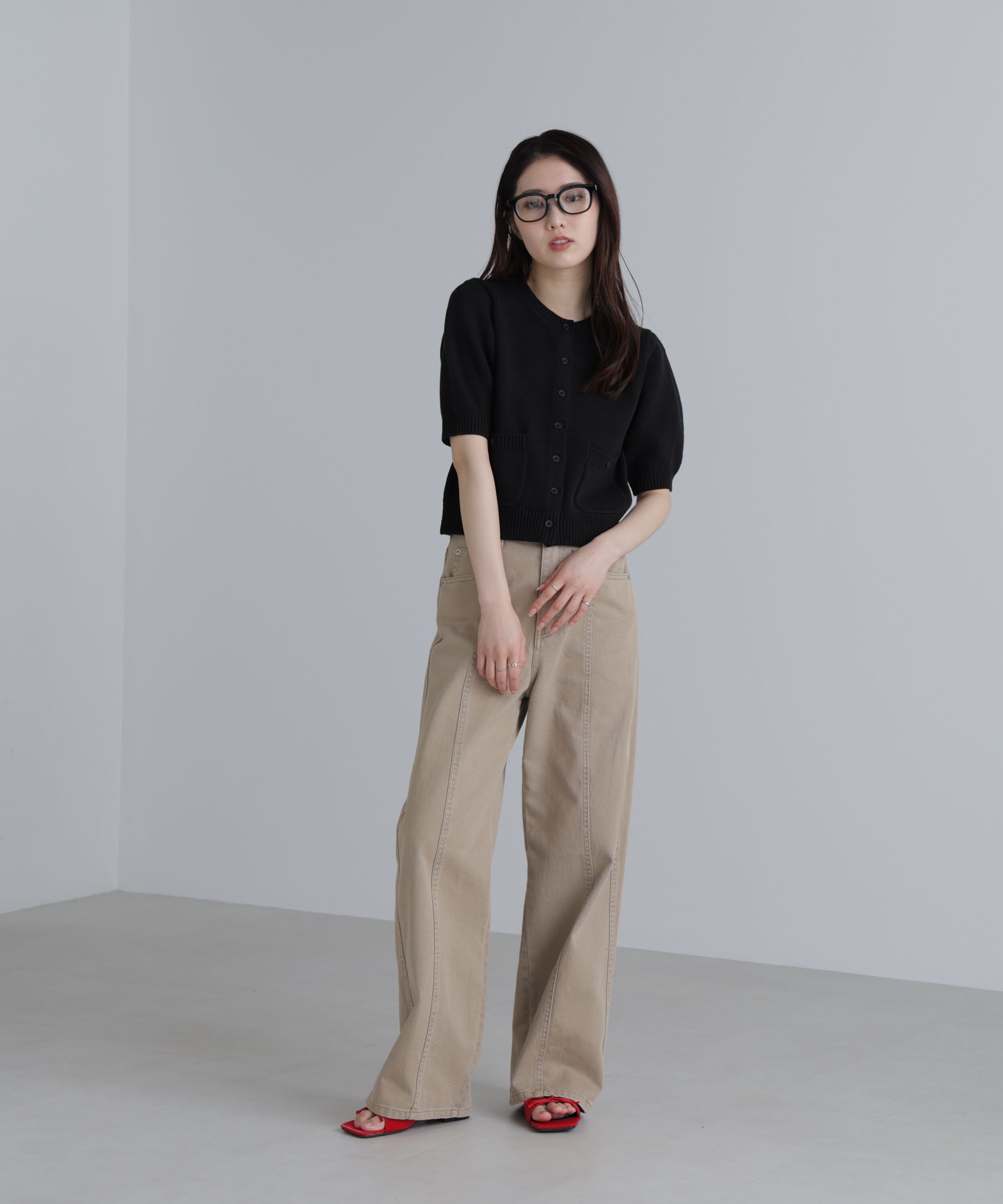  「フロントポケット半袖カーディガン」|ニット・セーター|