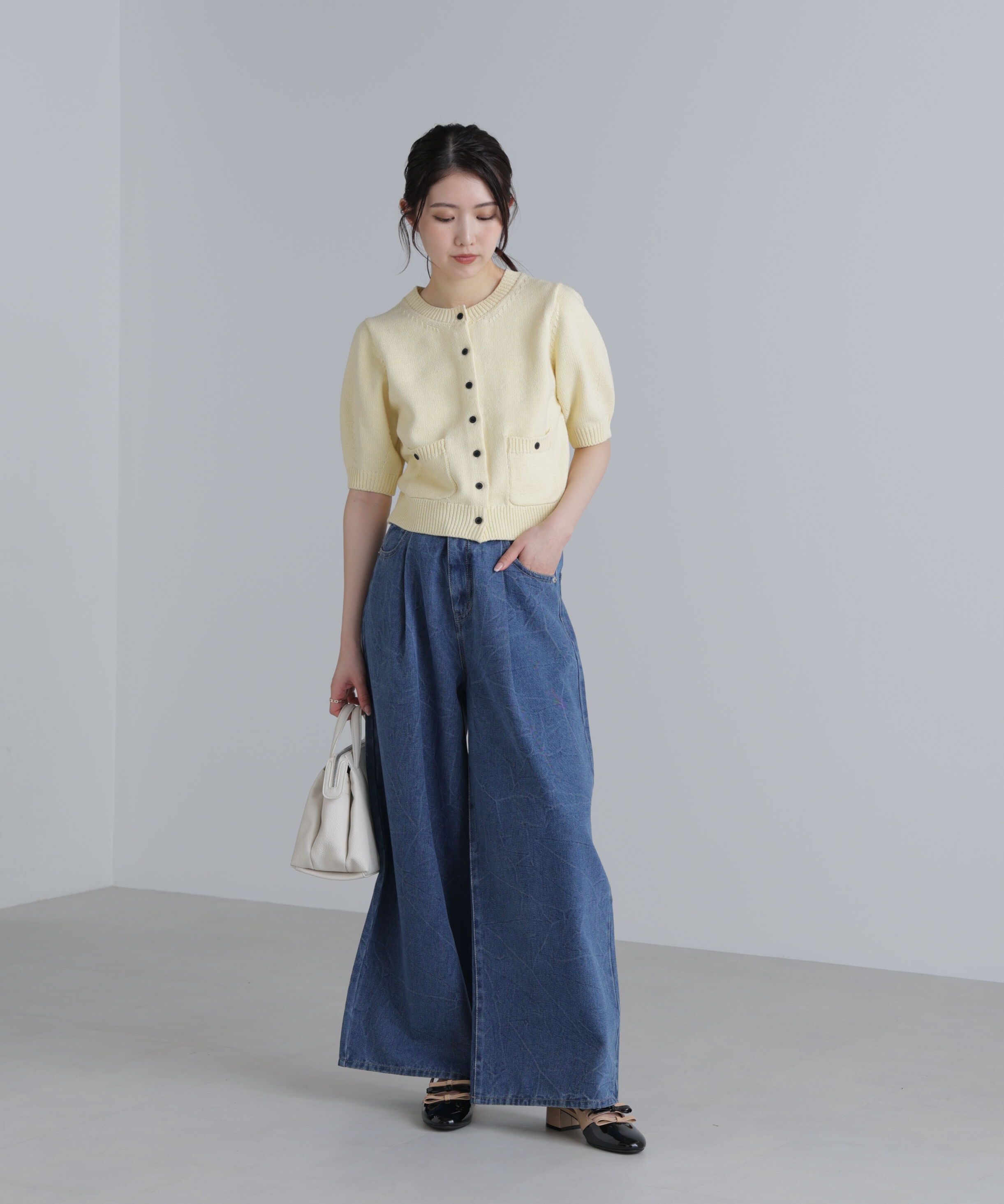  「フロントポケット半袖カーディガン」|ニット・セーター|