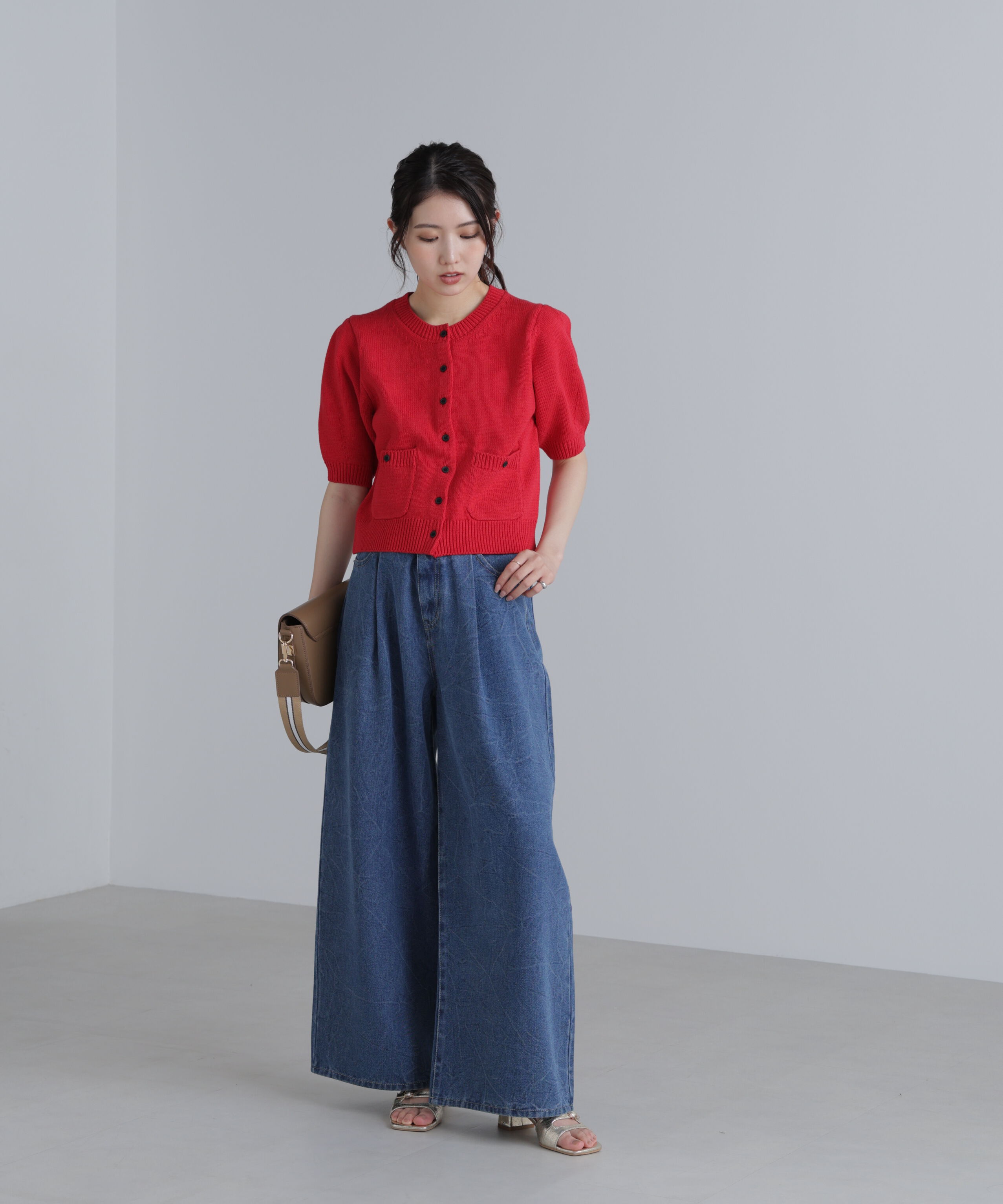  「フロントポケット半袖カーディガン」|ニット・セーター|