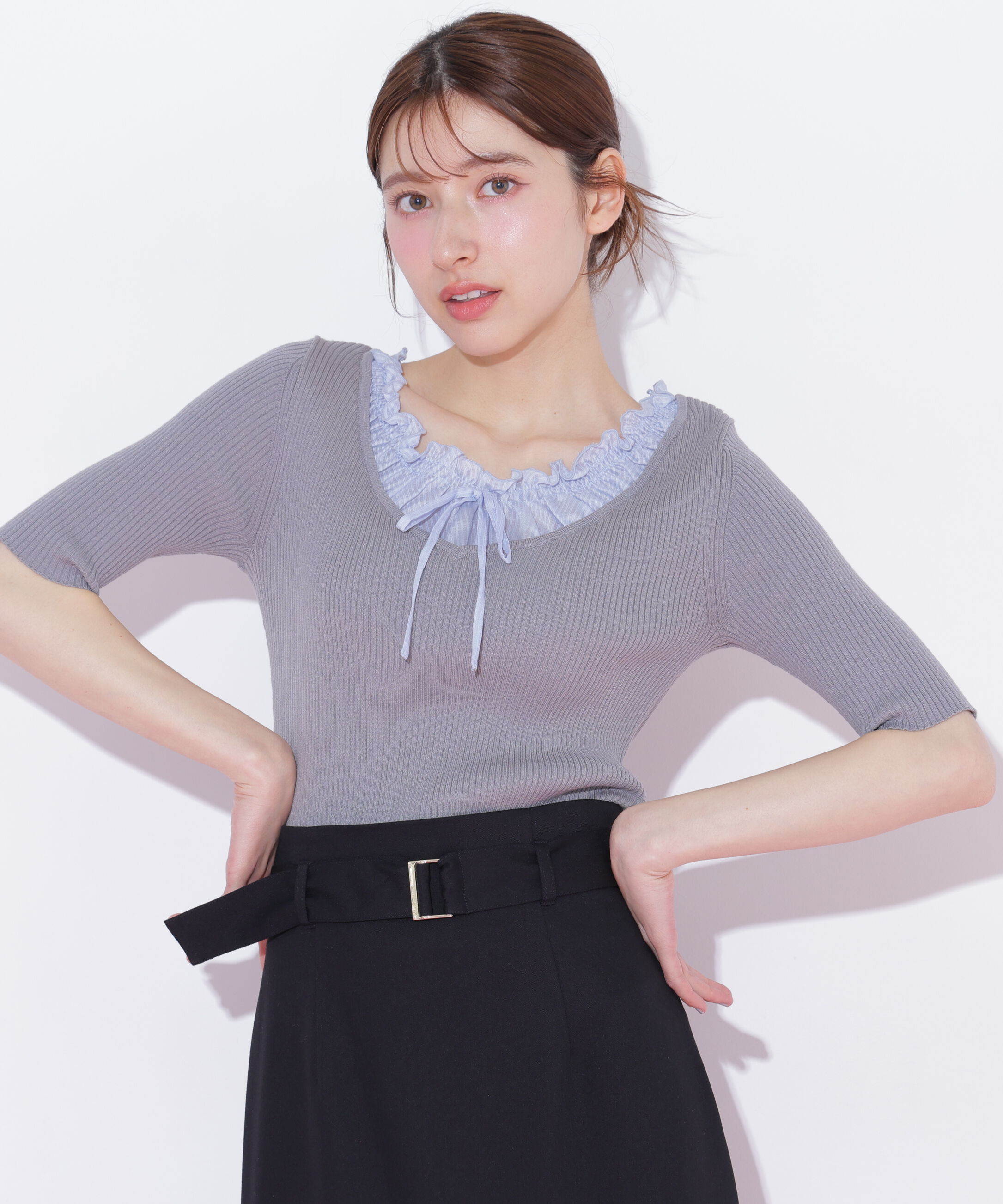  「フリルギャザーニット」|ニット・セーター|チャコール