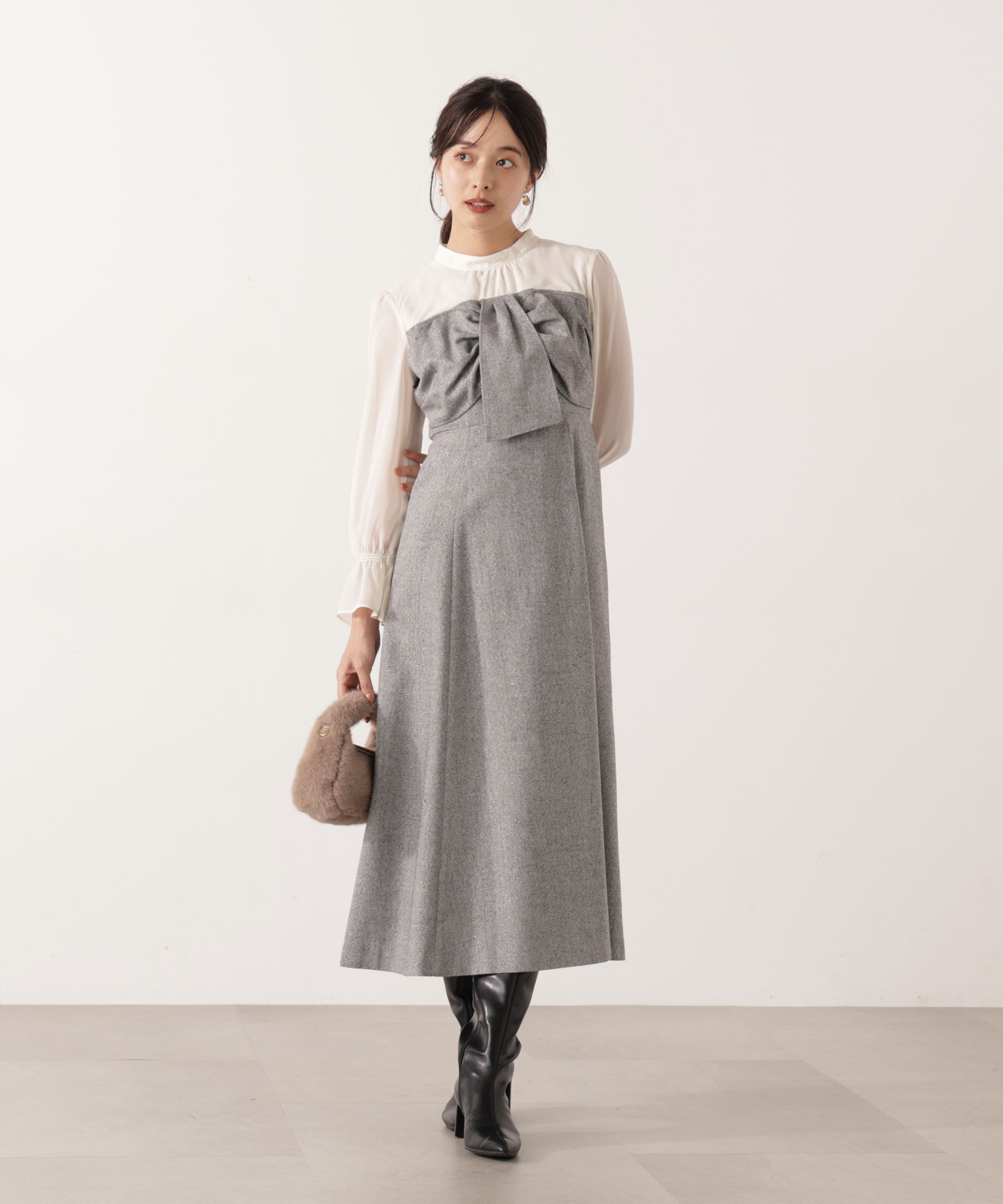 PROPORTION BODY DRESSING「フロントリボンミックスドッキングワンピース 25AW」|ワンピース|エクリュ&times;ブラ