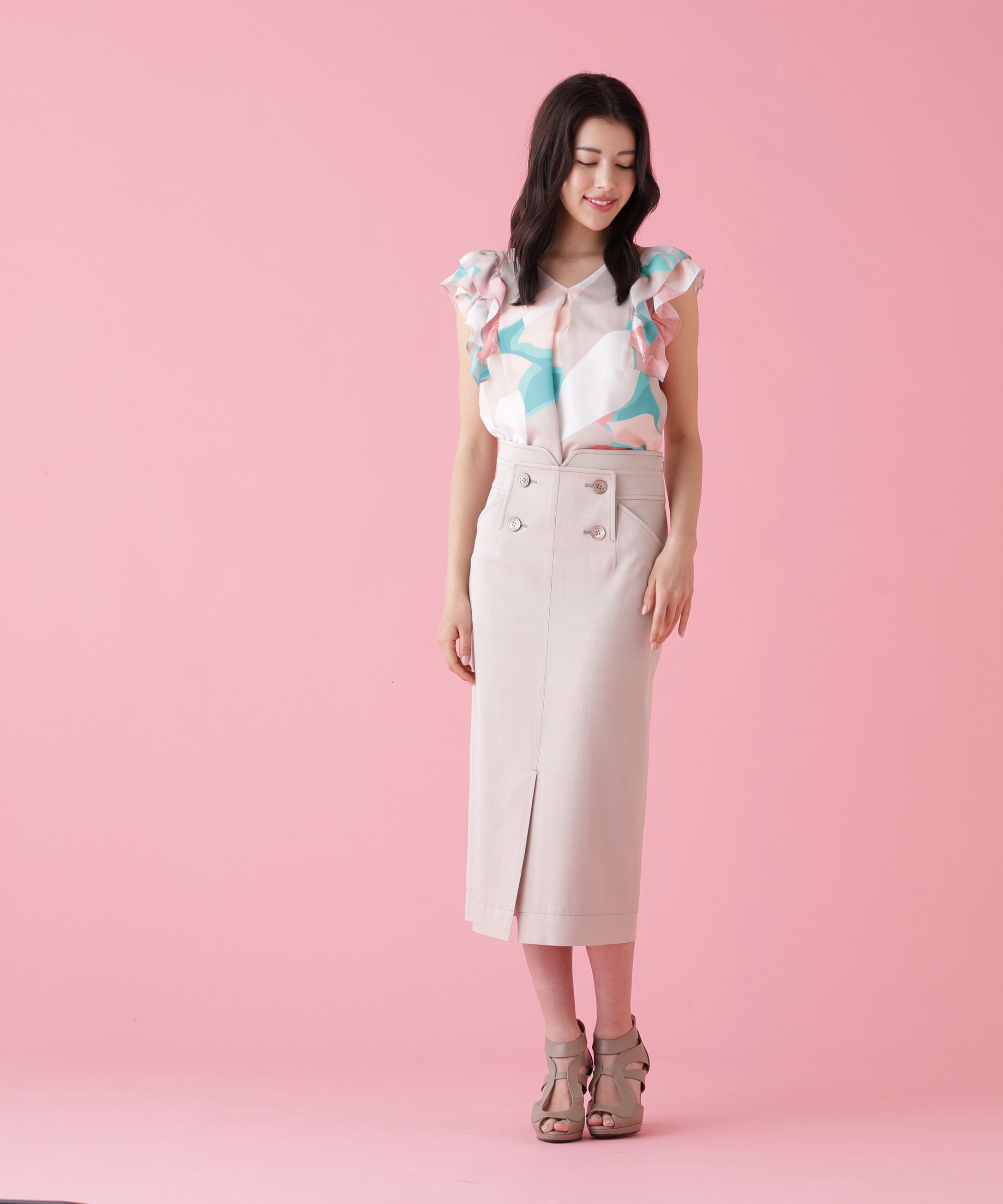  「シェードリーフプリントＶネックブラウス」|シャツ・ブラウス|